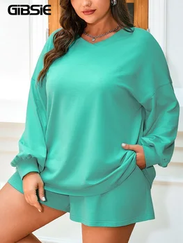GIBSIE Plus Size Solid Color Two Piece Set Women Spring and Autumn Casual V-Neck Sweatshirt And Drawstring Shorts Female Sets