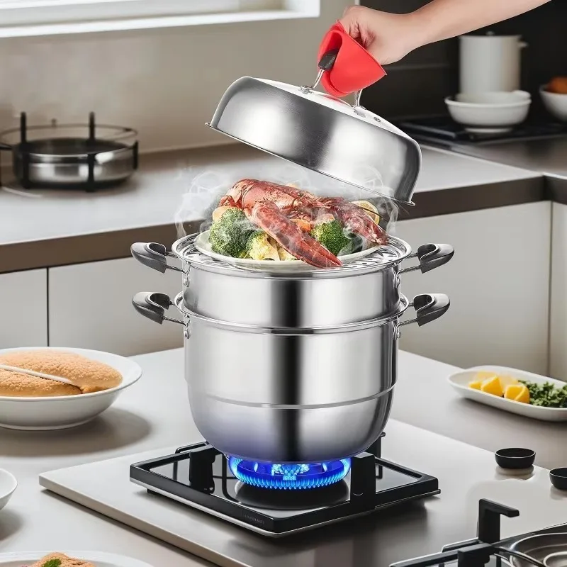 3 Tier Steamer Pot with 8.5QT Stock Pot,Vegetable Steamer & 2 Steaming Tray,Food-Grade 304 Stainless Steel Food Cookware