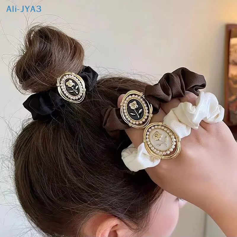 

1PC French Vintage Luxury Rose Metal Large Elastic Hair Bands Scrunchies for Girls Ponytail Holder Bands Kids Hair Accessories