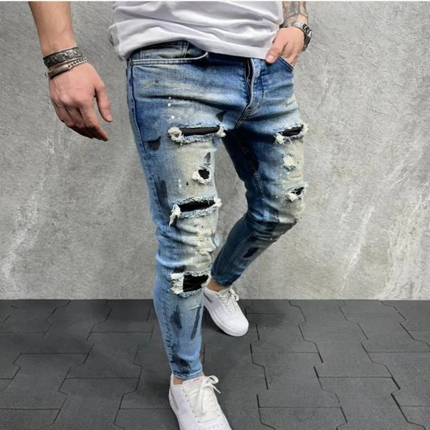 2023 New Fashion Painted Hole Ripped Skinny Jeans Men wash Solid Trouser Hip Hop Casual Slim Fit Pencil Denim Pants 2023 winter new fleece lined thickened denim jacket women fashion right angle shoulder hand painted fur cotton padded coat