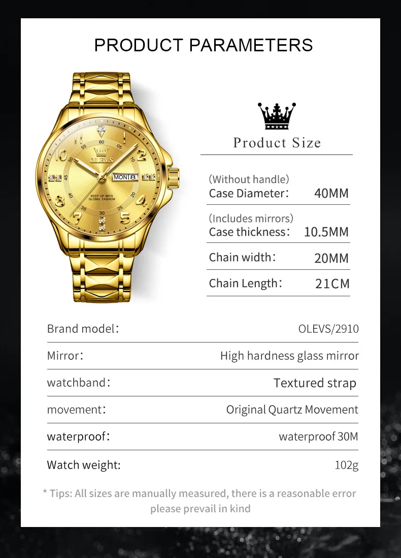 OLEVS 2910 Men's Watch Luxury Dual Calendar Quartz Watch For Men Number Dial Stainless Steel Wristwatch Waterproof Luminous