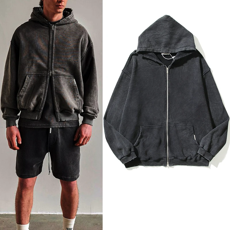 

High Street Retro Washed Dirty Cut Zip Hoodies Jackets Men and Women Blank Harajuku Oversized Casual Sweatshirts Hooded Black