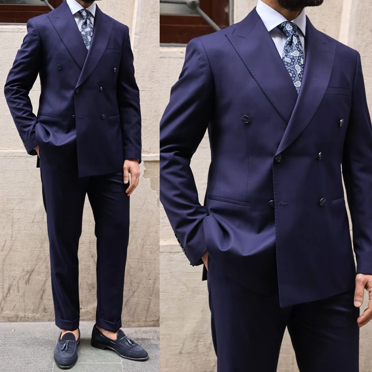 

Solid Color Men Suits Tuxedo Peaked Lapel Double Breasted Custom Made 2 Pieces Blazer Pants Tailored Groom Formal Business