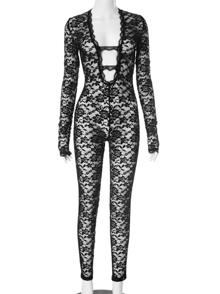 Wmstar Jumpsuit Women Wholesale Sexy Deep V Neck Lace Hollow Out Zipper Hot Girl Night Club One Piece Outfits Drop Shopping