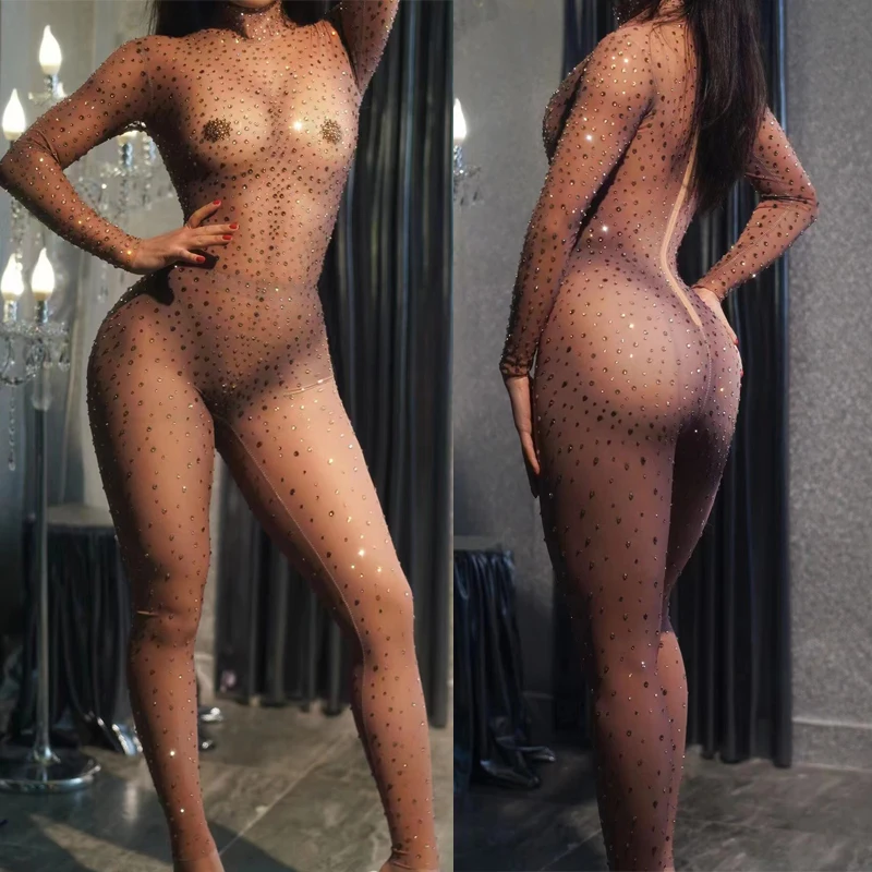 

Sexy Full Rhinestones Stretch Transparent Jumpsuit Evening Birthday Celebrate Outfit Sexy Pole Stage Dancer Bodysuit XS6101