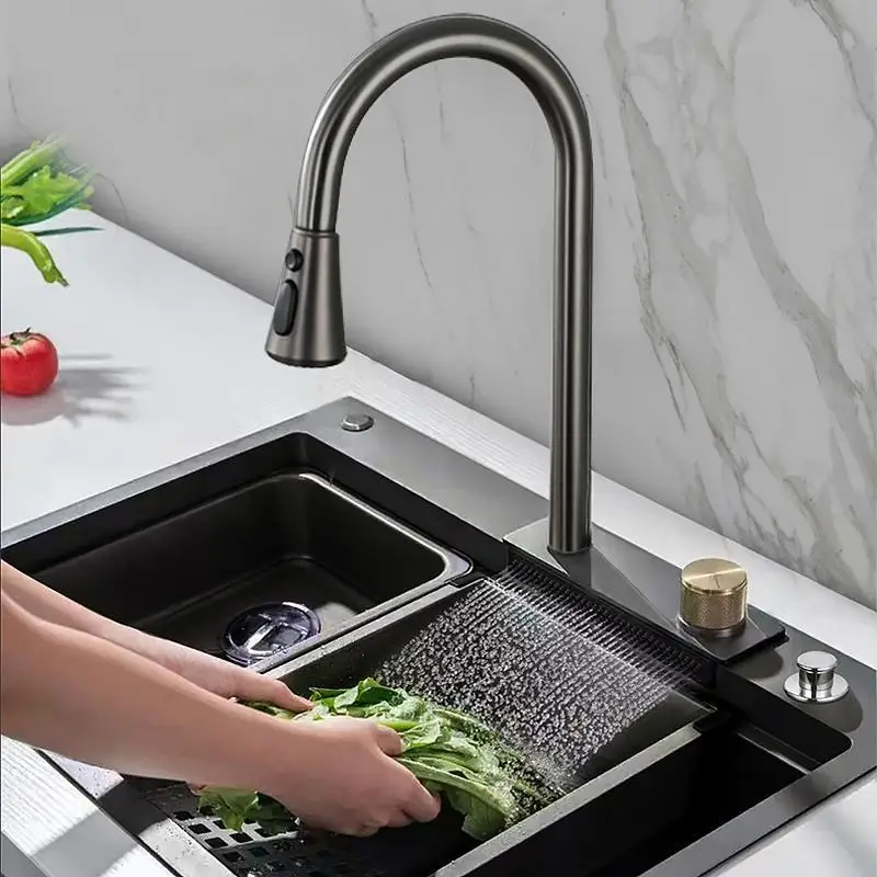 

Grey handmade basin, Feiyu waterfall faucet, stainless steel large single sink, nano scratch resistant kitchen sink, sink