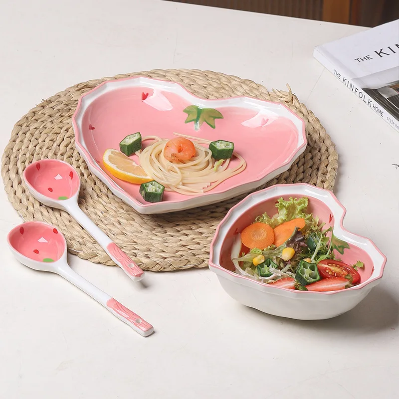 Strawberry Bowl Spoon Plate Set Decorated with High Beauty for Girl's Favorite Bowl Salad Dessert Household Tableware