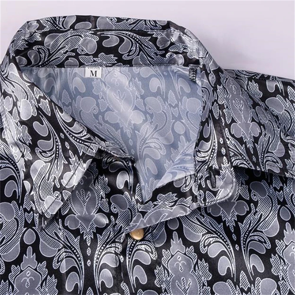 Black Gold Mens Silk Shirt Paisley Floral Long Sleeve Casual Shirts For Men Jacquard Male Business Party Wedding Dress Up Tops