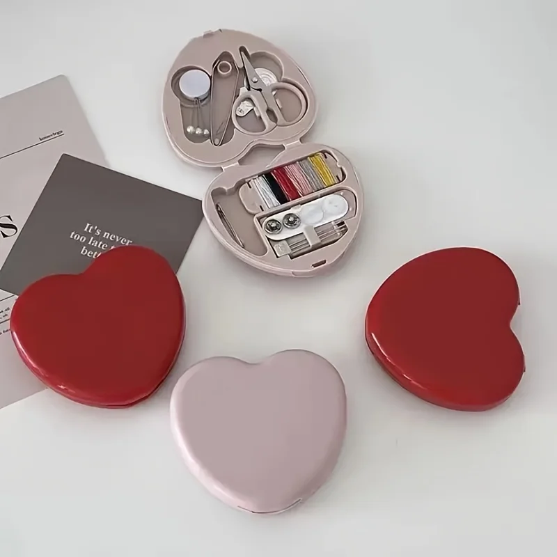 Heart Sewing Kit Portable Plastic Box Thread Needles Buttons Complete Set for Travel Home Wedding  Cute Heart Design Gift