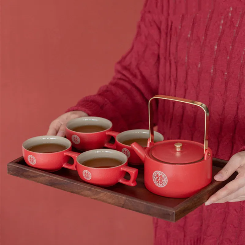

Китайский красный свадебный керамический чайный набор, чайник, деревянный поднос, чайник ручной работы, чайный набор, домашние чайные наборы, аксессуары, роскошные подарки