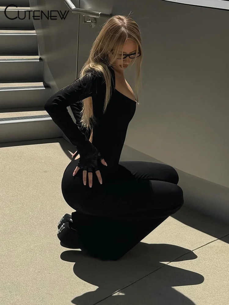 Sporty Jumpsuits Women Concise Casual Autumn New Square Neck Long Sleeve Skinny Stretch Overalls Basic Female One Piece