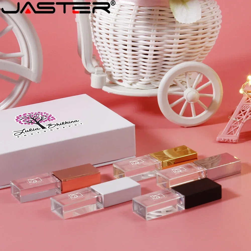 USB Flash Drive JASTER Rose Gold Crystal Pen Drive2.0 128GB 64GB 32GB 16GB USB Stick Free Custom Logo White Paper Box Wedding Gifts