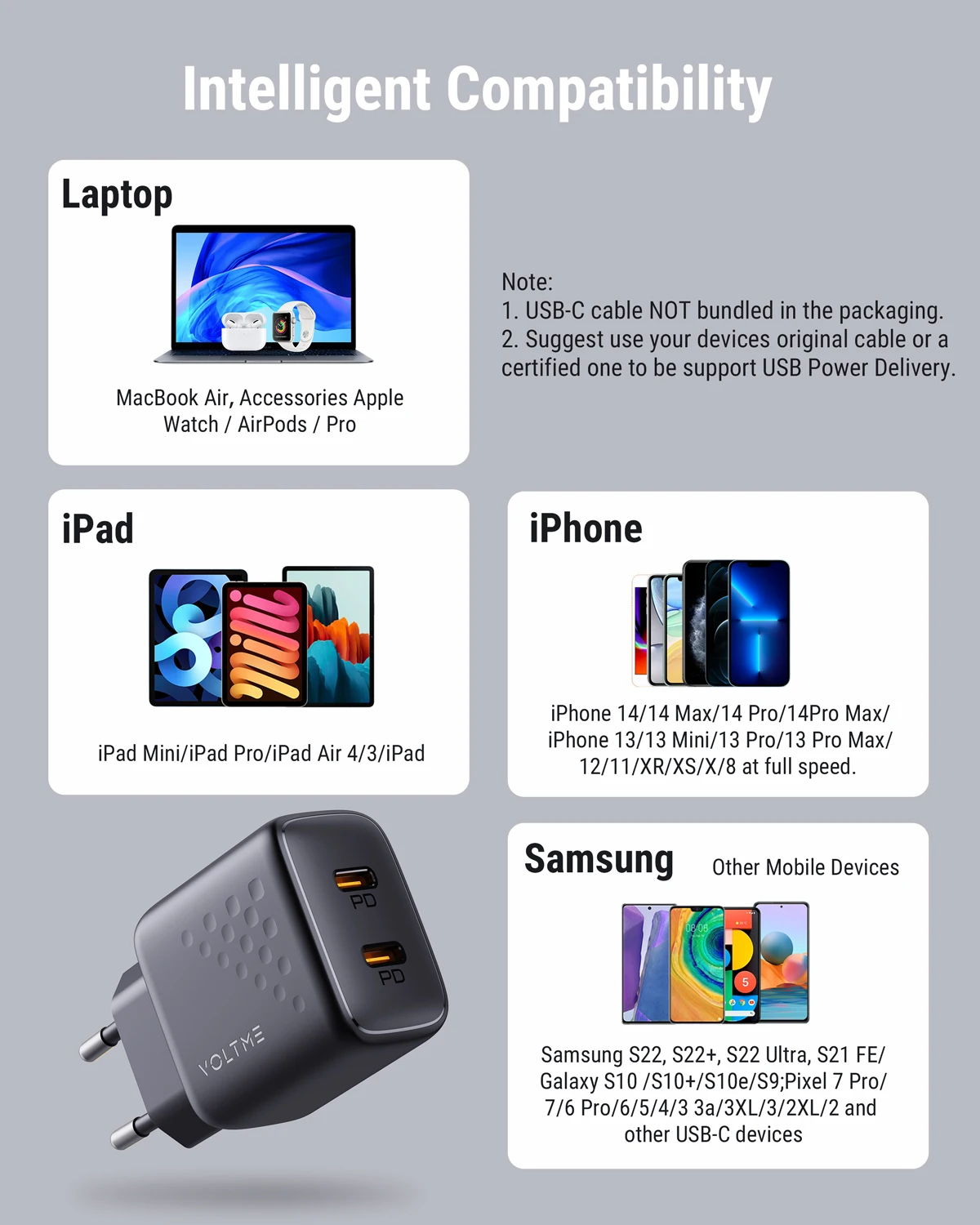 VOLTME 35W GaN USB C 충전기 빠른 충전 4.0 3.0 Macbook Air 15 IPhone 15 14 Pro Max Type C 고속 충전기용 PD USB-C 충전기