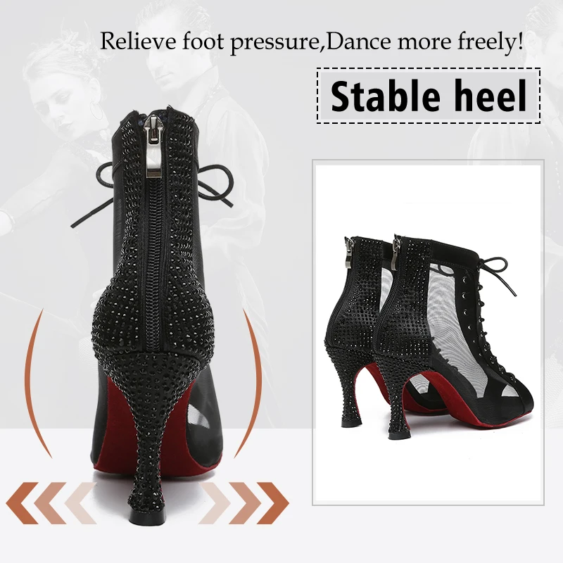DKZSYIM Women Latin Dance Shoes Rhinestone Ballroom Party Lace-Up Tango/Salsa Dancing Shoes High Heels 6-10CM Soft Suede Sole 4