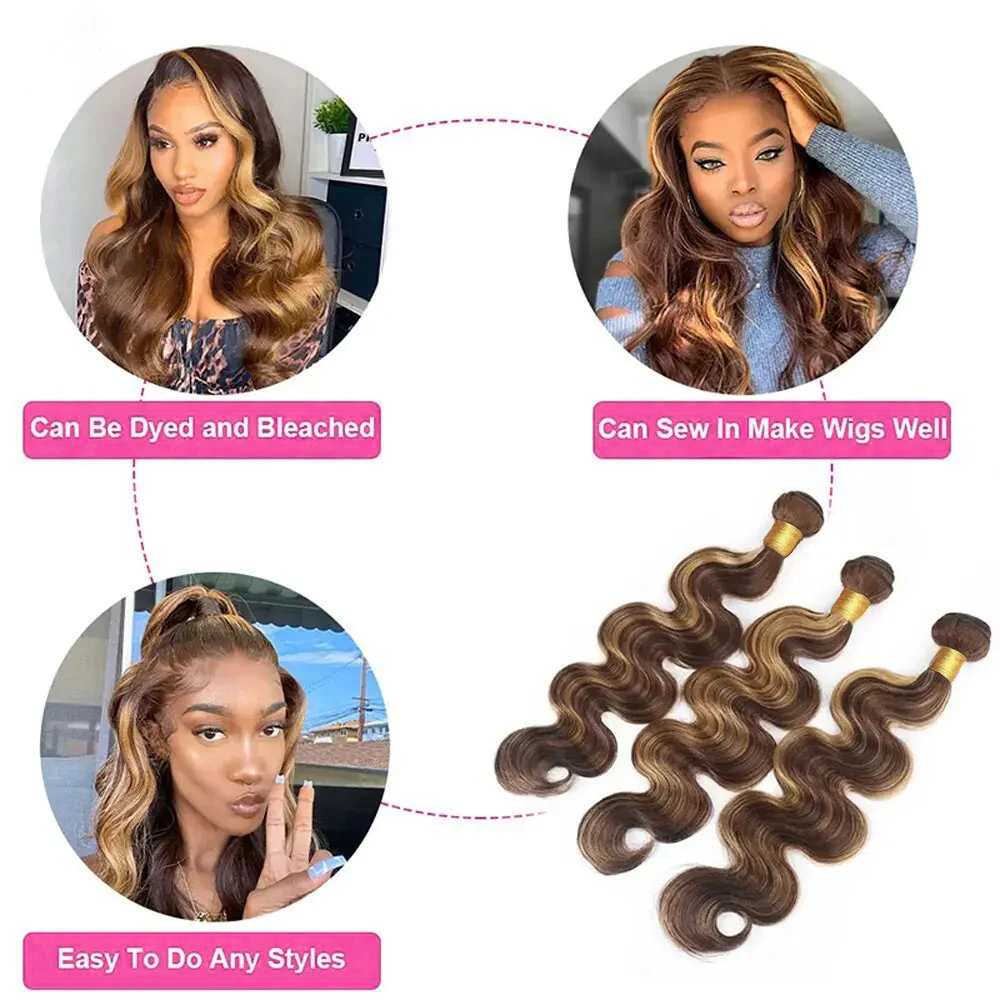 Highlight Body Wave Bundles Human Hair With Frontal P4/27 Ombre Honey Blonde 13x4 Lace Frontal With Bundle Remy Hair Extensions