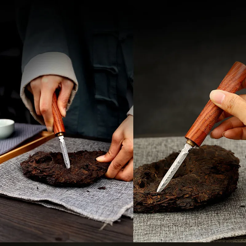 Damascus Pattern Steel Tea Needle Carved ebony Pu'er tea knife pattern steel black tea needle For ceremony spare parts 1Pcs