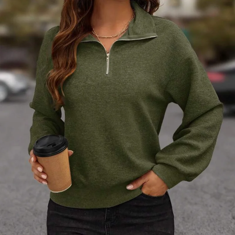 Womens Autumn and Winter Fashion New Pullover Zipper T Shirt Solid Color Splicing Loose Comfortable Versatile Long Sleeves Tops