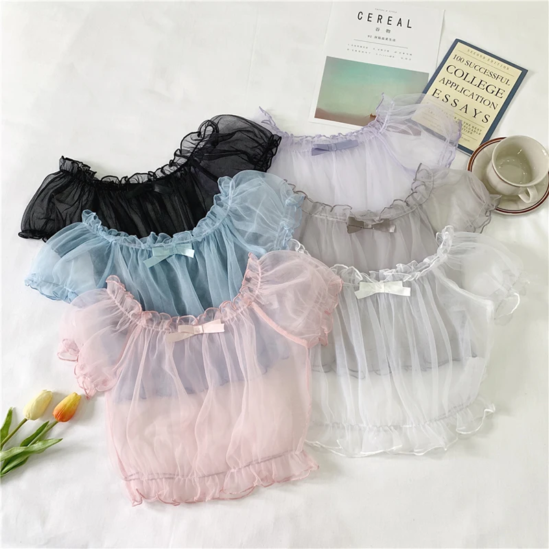 Women Super Fairy Sheer Mesh Short Sleeve Tops Transparent Sweet Princess Lolita Shirts Kawaii Lace Tops Mori Girl Bottom Blouse lolita blouses