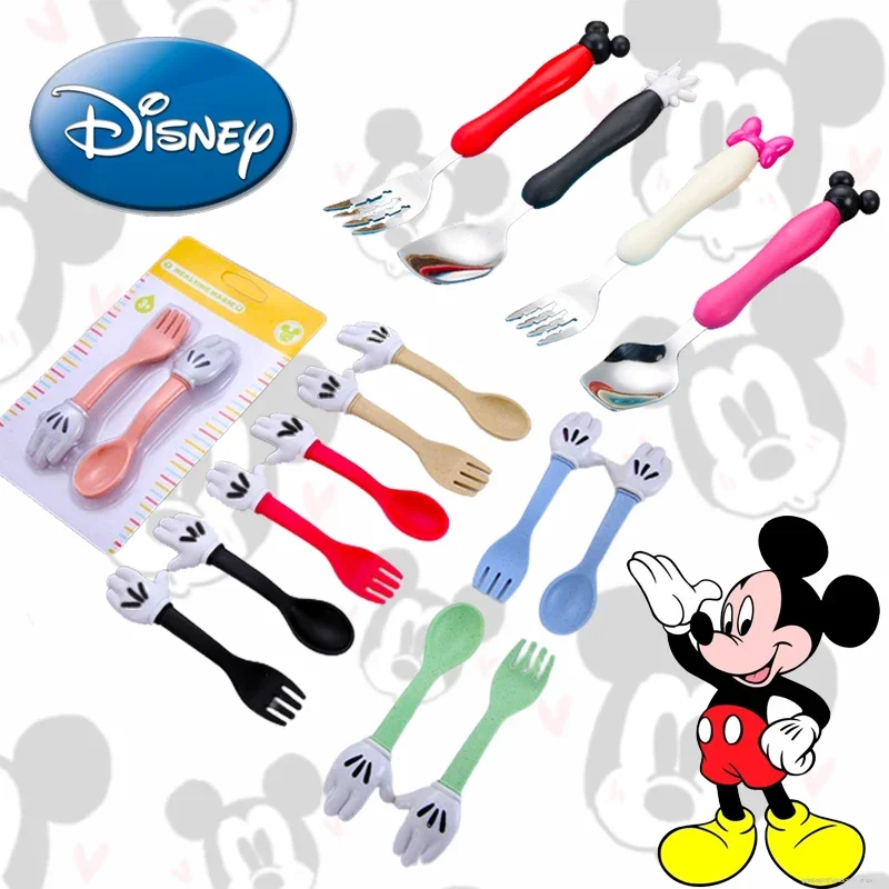 Kids Tableware Disney Mickey Minnie Mouse Wheat Straw Kids Dishes Cartoon Cute Tableware Stainless Steel Set Dinner Children Feeding Spoon Fork