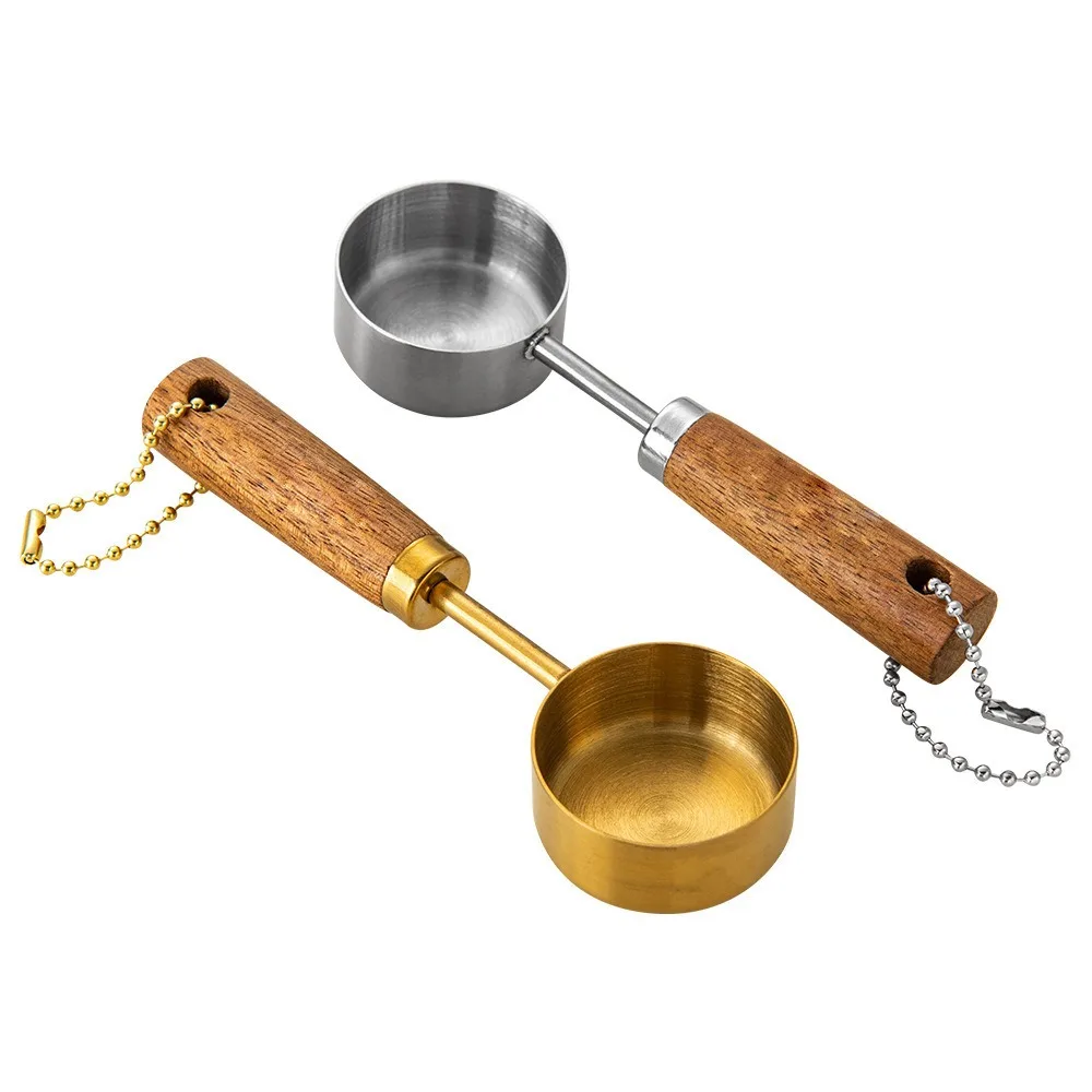 Kitchen Measuring Spoons Set Flat Bottom Stainless Steel Measure Spoon with Wood Handle Hangable Measuring Cup 14ml Rustproof Baking Tools
