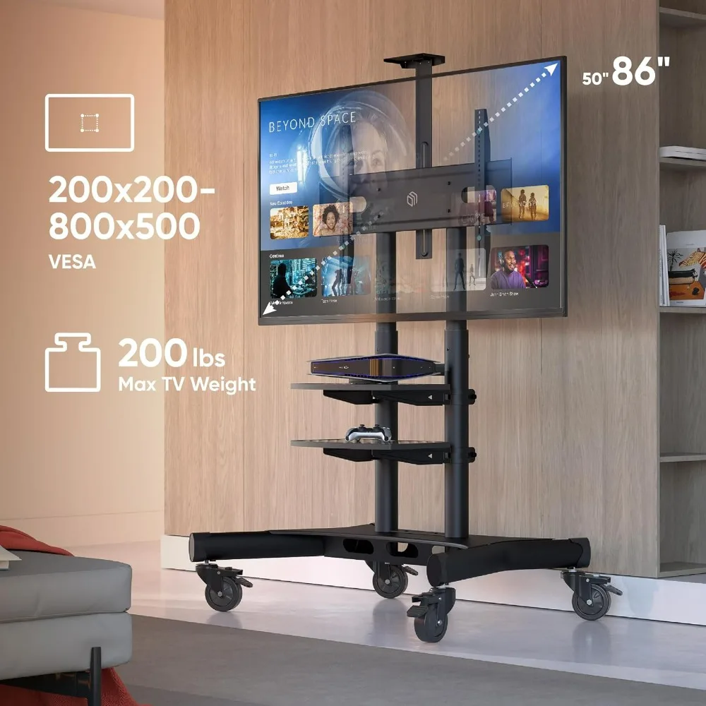 Movable TV Stand with Wheels for 50-86 Inch TVs, Adjustable Height, Supports Up to 233 lbs, VESA 800x50