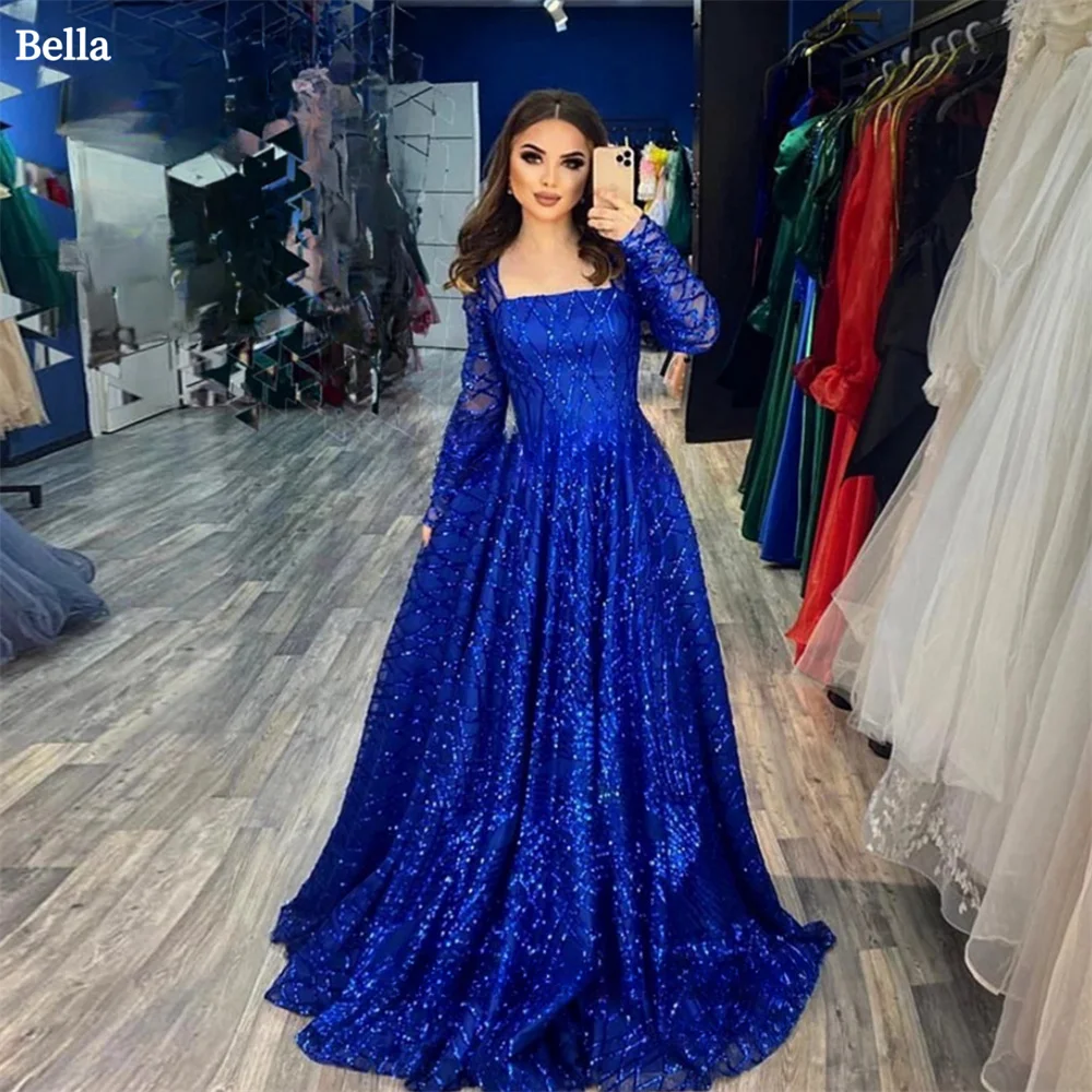 Bella elegante vestido de fiesta azul de manga larga tul A-line