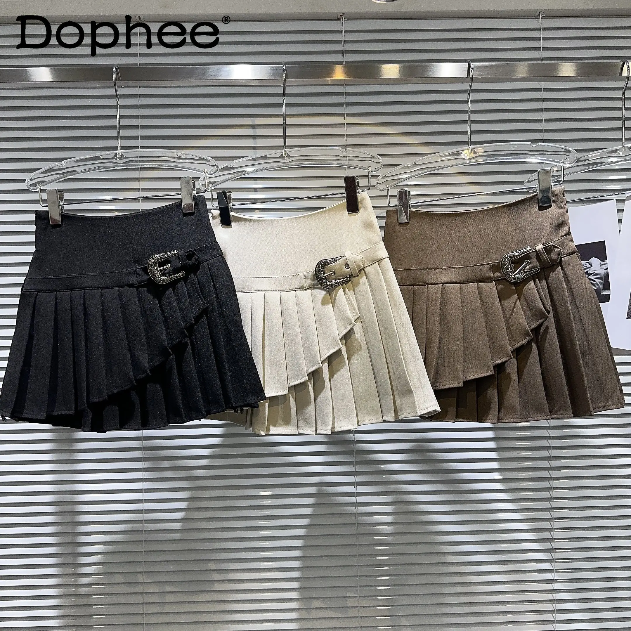 

Fall 2023 New Retro Waistband Buckle Beveled Graceful Pleated Skirt Women Fashion Preppy Style Student Skirt Sports Black Skirt