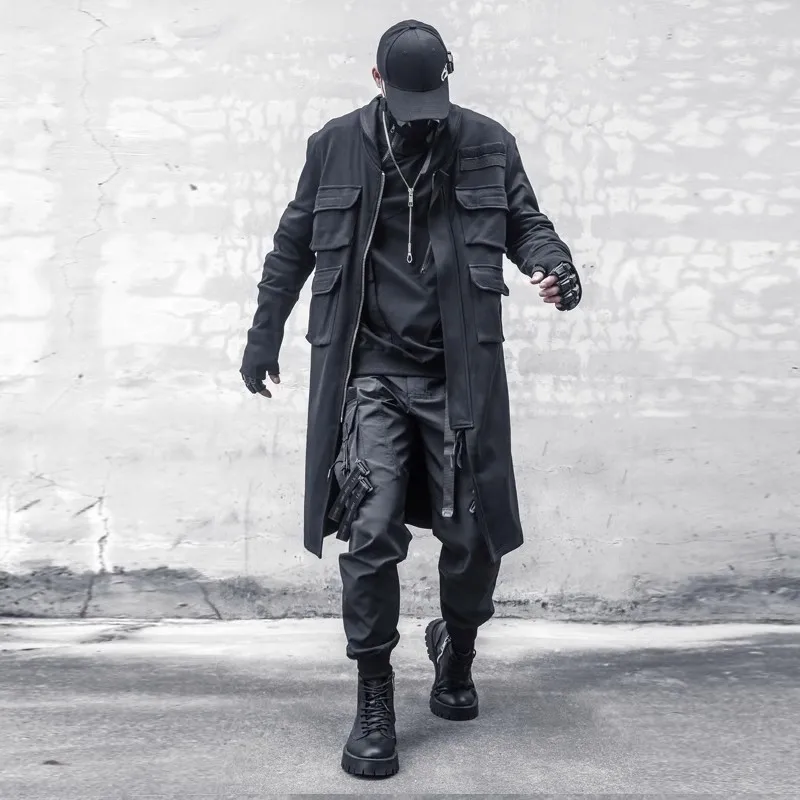 ジャケット・アウター LONG TRENCH COAT/Hype Mens Windbreaker Long Fleece Trench Coat Harajuku Mid-Length