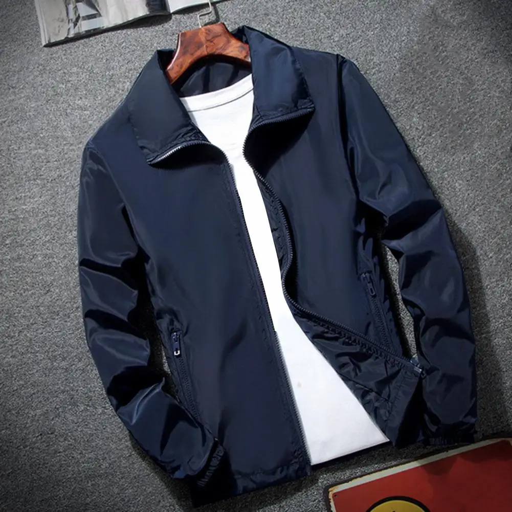 

Men Jacket Stylish Men's Outdoor Windbreaker Jacket with Lapel Collar Zipper Placket Pockets Solid Color Long Sleeve for Spring
