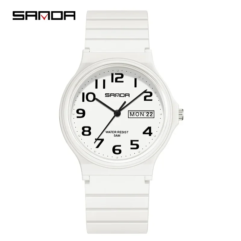 

SANDA 9072 White Watches New Design Soft TPU Strap Water Resistant Quartz Movement Outdoor Sports Analog Wrist Watch for Student