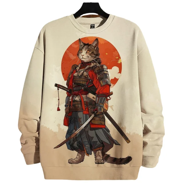 Japanese Samurai Cat Print Men's Sweatshirts Cotton Round Neck Long Sleeve Loose Pullover Autumn Oversized Men Clothing Tops 5XL 1