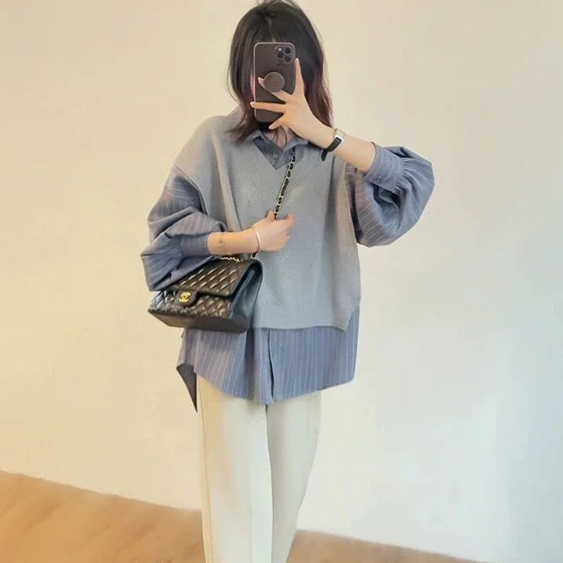 임산부 스트라이프 패치워크 셔츠, 턴다운 칼라, 니트 블라우스, 플러스 사이즈 임신 스웨터, 한국 스타일
