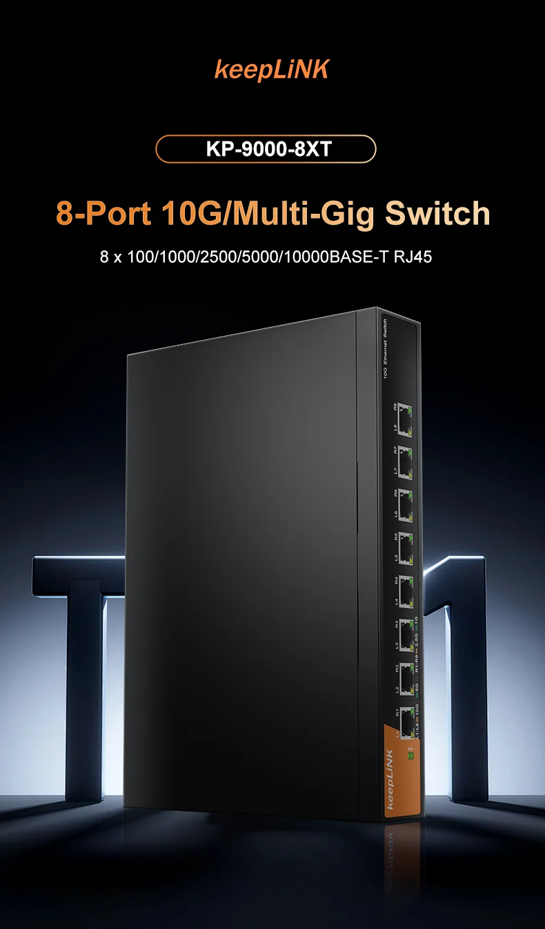 KeepLiNK KP-9000-8XT-AC 8 Port 10G/Multi-Gig Unmanaged Ethernet Switch Desktop/Wall-Mount Plug and Play Sturdy Metal Casing