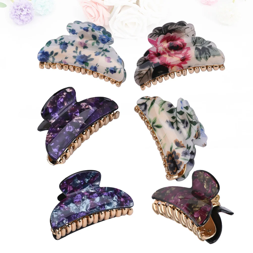 

Acrylic Floral Pattern Multicolored Hair Claw Jaw Clips Clamps for Girl Women Lady 6pcs/set Random Style