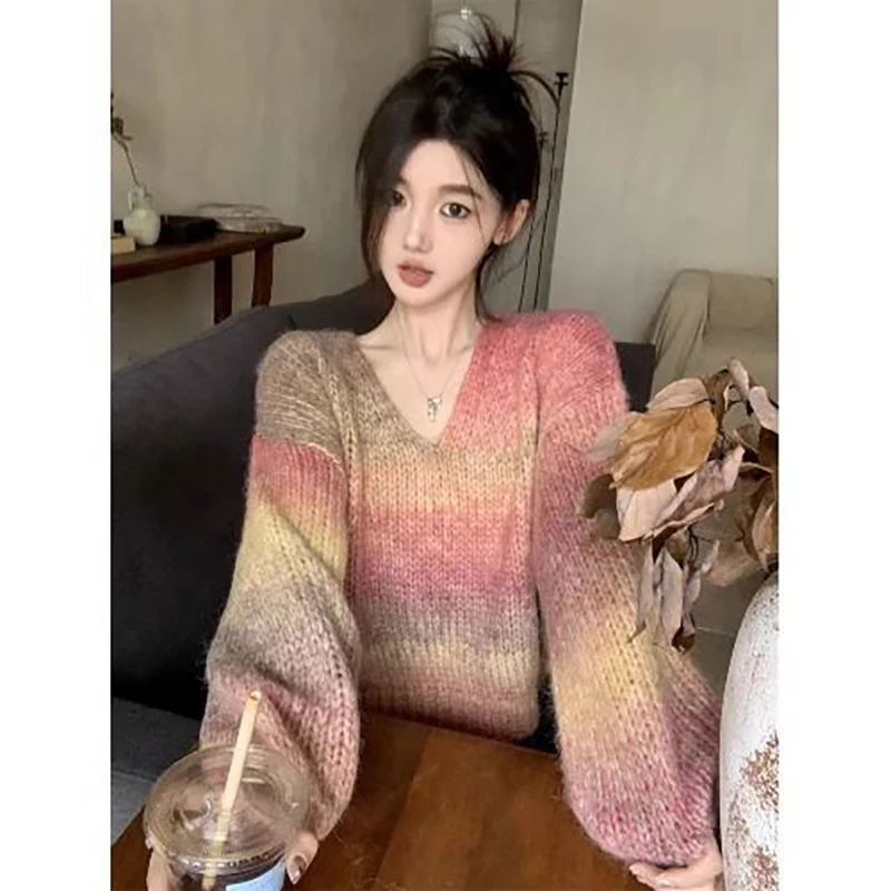 

Sweet Gradient Knitted Sweater Long Sleeve V Neck Oversized Streetwear 2024 New Trend Spring Autumn Vintage Crop Loose Pullover