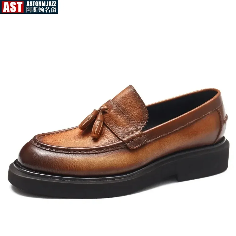 Soft Leather Elegant Mens Dress Loafers Shoes Platform Luxury Genuine Leather Summer New Black Wedding Social Formal Shoes Man