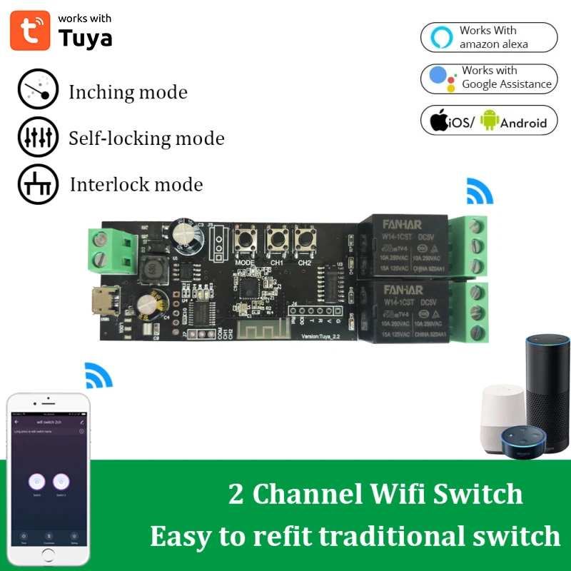 

Умный модуль переключателя Tuya, Wi-Fi реле с таймером и автоблокировкой, 1/2/4 канала, 5-32 В постоянного тока, управление через приложение