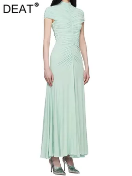 DEAT Elegant Dress Stand Collar Pleated Slim Long Solid Color Elastic Women's Evening Party Dresses 2026 Summer New Tide 35Z2872 1