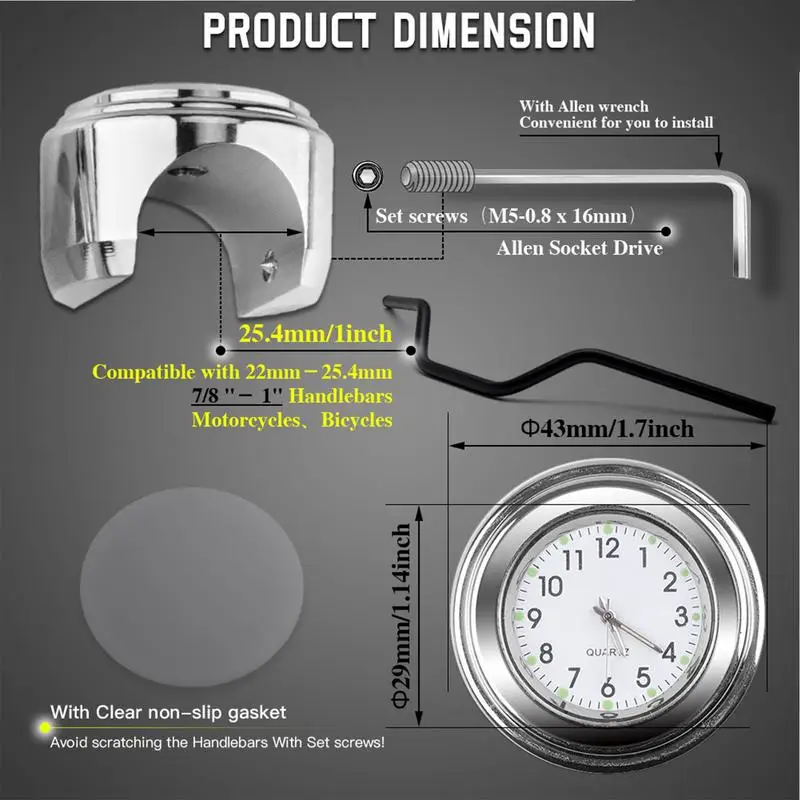 Luminous Dial Motorcycle Handlebar Clock And Thermometer Combo Waterproof Anti Slip Fits 22 25.4mm Motorcycle Handlebar clock