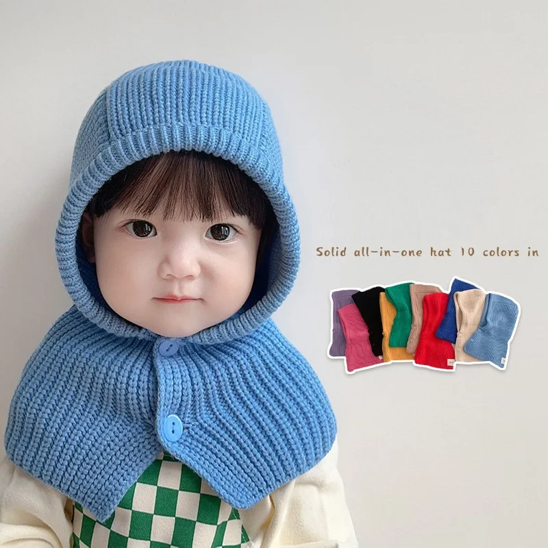 

Children's bib one hat 2024 cute Korean ear wool woven cap Photography Props Boy Accessories Warmer Stuff Crochet Bonnet