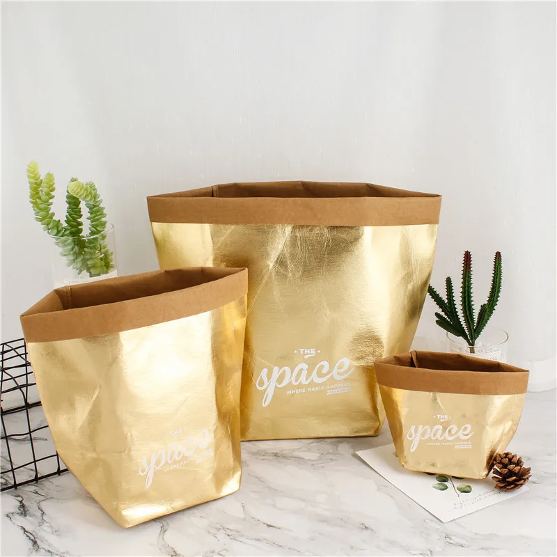 Thickened Reusable Washable Kraft Paper Bag Tear Resistant Kitchen Food Organizer Cosmetic Sundries Storage Brown Paper Bag