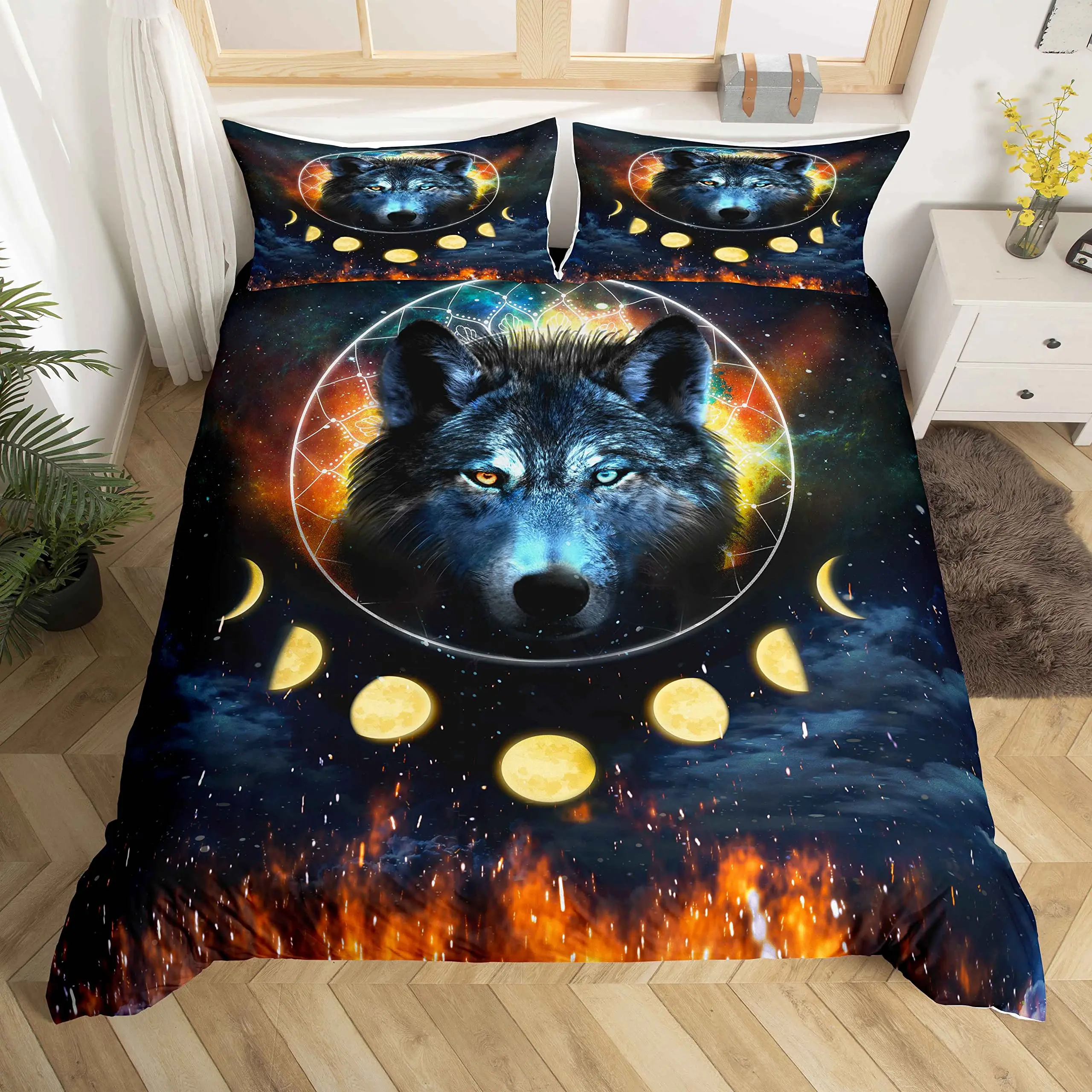 

Cool Wolf Duvet Cover Queen Size Boho Wolf Bedding Set for Kid Man Women Modern Wildlife Animal Galaxy Dream Catcher Moon Decor