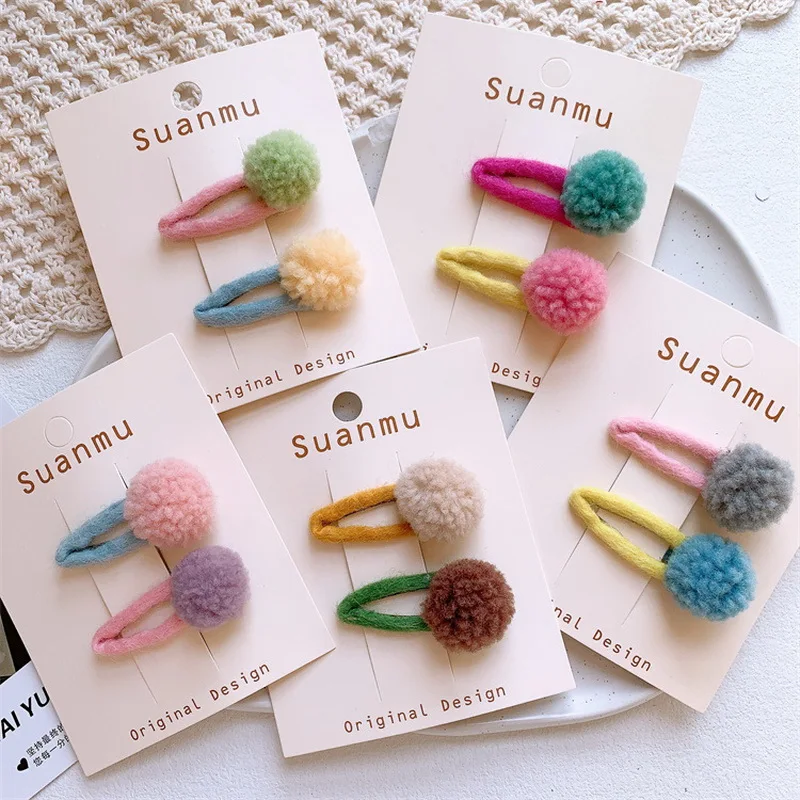 2 teile/satz Bunte Pompoms Haar Clip Für Mädchen Nette Ball Haarspange kinder Plüsch Haarspange Baby Rot pony Haarnadeln zubehör