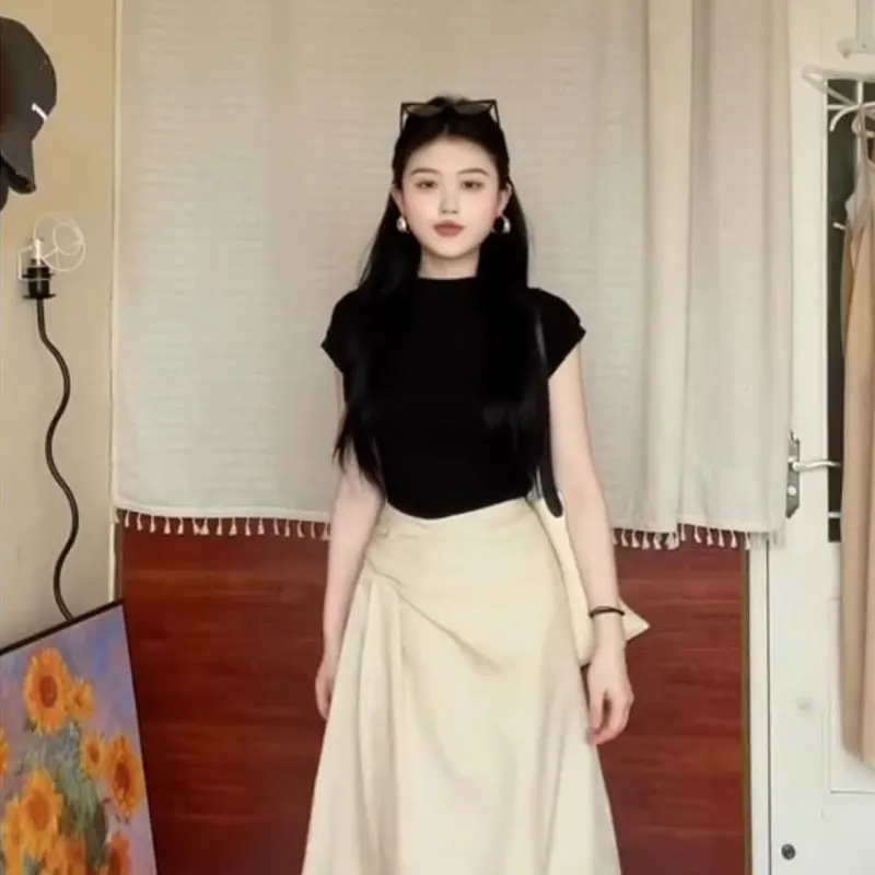 우아한 패션 하라주쿠 슬림핏 여성 의류, 루즈 캐주얼, 올 매치 솔리드 반팔 상의, 하이 웨이스트 스커트, 투피스 세트