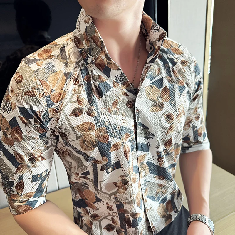 루즈한 캐주얼 셔츠, 중국 스타일 시니어 센스, 5 분 소매 셔츠, 캐주얼 패션, 코디하기 쉬운 중간 소매 프린트, 신상