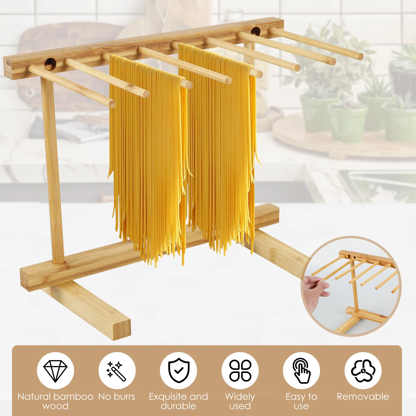 1Pc Pasta Drying Rack Wooden Noodle Drying Rack with 8 Bar Detachable Pasta Dryer Stand Portable Noodle Hanging Rack for Kitchen