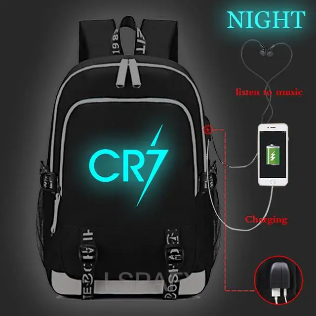 고품질 Cristiano Ronaldo CR7 발광 USB 충전 Tenns 배낭 USB 충전 CR7 배낭, 남성 여성 Mochila