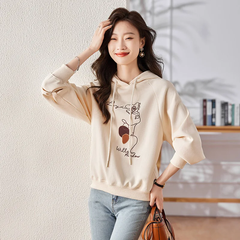 2024 Spring High Quality Daily Casual Comfortable Hoodies Women Loose Chic Cartoon Embroidery Sweatshirts Simple All-match Tops