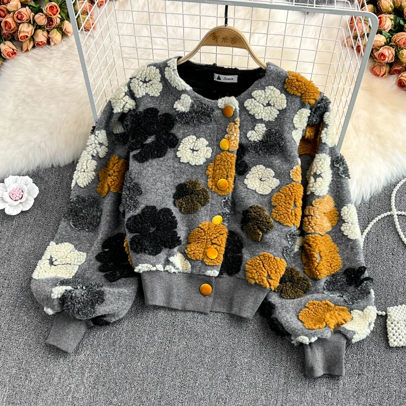 Getspring Women Woolen Flower Coat Retro Plush Patchwork new