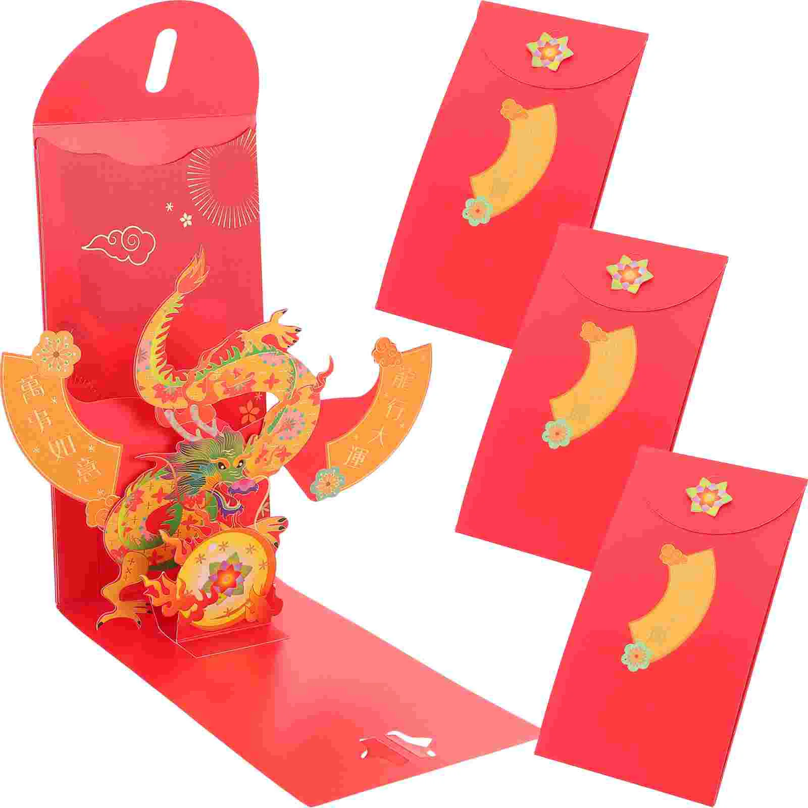 

4 шт. подарок 2024 год дракона 3D Трехмерная красная сумка-конверт (Xianlong ) 4 шт. поздравительных открыток из бумаги